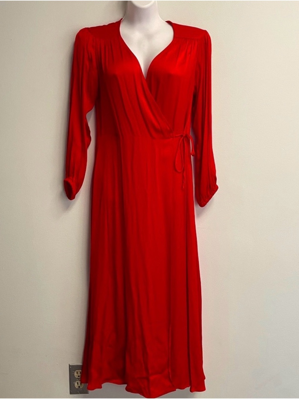 Zara Red Long Sleeve Wrap Midi Dress